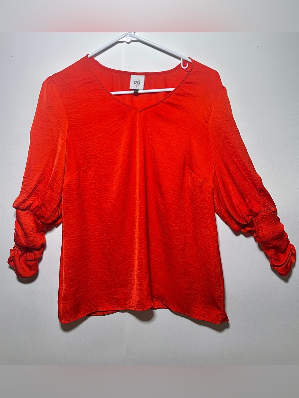 CAbi Bright Red V-Neck Ruched Sleeve Blouse